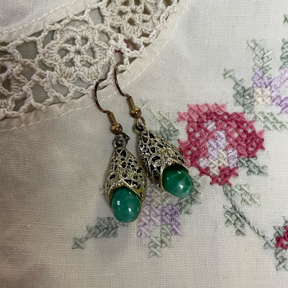 Vintage Faux Jade Silver Tone Filigree Dangle Earrings